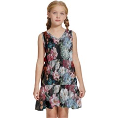 Floral Pattern, Red, Floral Print, E, Dark, Flowers Kids  Sleeveless Tiered Mini Dress