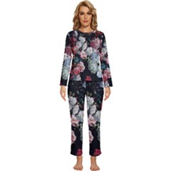 Floral Pattern, Red, Floral Print, E, Dark, Flowers Womens  Long Sleeve Lightweight Pajamas Set