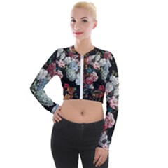 Floral Pattern, Red, Floral Print, E, Dark, Flowers Long Sleeve Cropped Velvet Jacket by nateshop