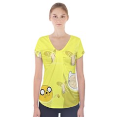 Adventure Time Jake The Dog Finn The Human Artwork Yellow Short Sleeve Front Detail Top