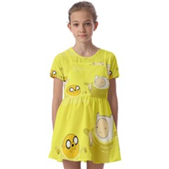 Adventure Time Jake The Dog Finn The Human Artwork Yellow Kids  Short Sleeve Pinafore Style Dress by Sarkoni