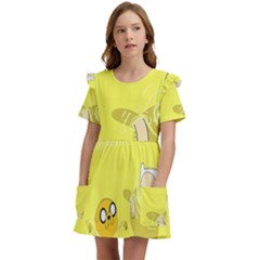 Adventure Time Jake The Dog Finn The Human Artwork Yellow Kids  Frilly Sleeves Pocket Dress by Sarkoni