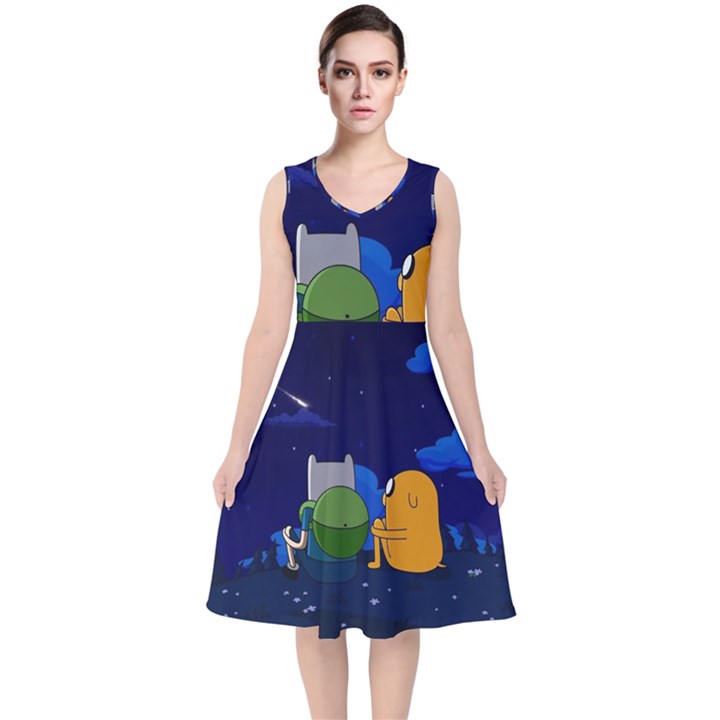 Adventure Time Jake And Finn Night V-Neck Midi Sleeveless Dress 