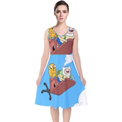 Cartoon Adventure Time Jake And Finn V-neck Midi Sleeveless Dress  by Sarkoni