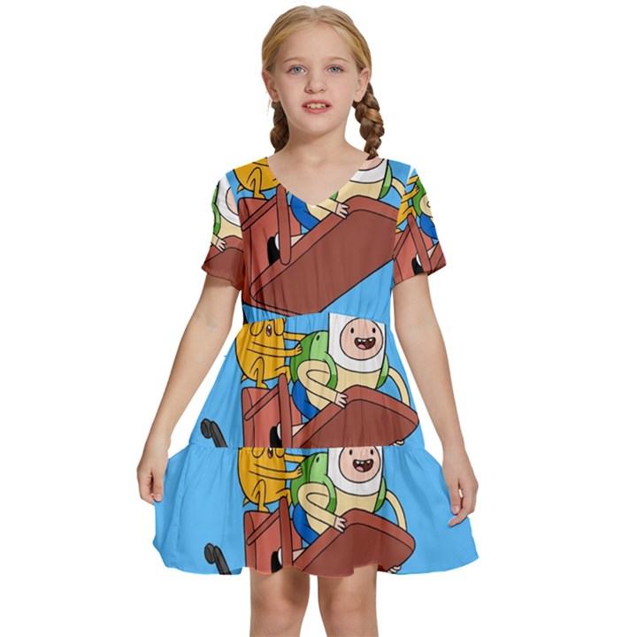 Cartoon Adventure Time Jake And Finn Kids  Short Sleeve Tiered Mini Dress