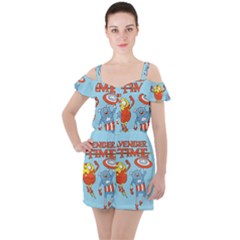 Adventure Time Avengers Age Of Ultron Ruffle Cut Out Chiffon Playsuit by Sarkoni