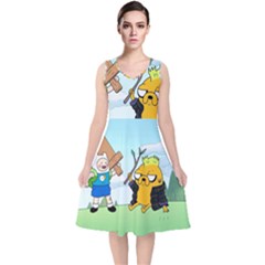 Adventure Time Finn And Jake Cartoon Network Parody V-neck Midi Sleeveless Dress  by Sarkoni