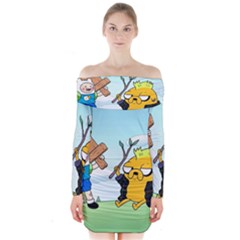 Adventure Time Finn And Jake Cartoon Network Parody Long Sleeve Off Shoulder Dress by Sarkoni