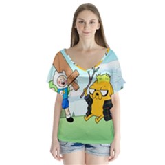 Adventure Time Finn And Jake Cartoon Network Parody V-neck Flutter Sleeve Top by Sarkoni