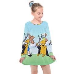 Adventure Time Finn And Jake Cartoon Network Parody Kids  Long Sleeve Dress by Sarkoni