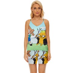 Adventure Time Finn And Jake Cartoon Network Parody V-neck Satin Pajamas Set by Sarkoni