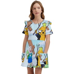 Adventure Time Finn And Jake Cartoon Network Parody Kids  Frilly Sleeves Pocket Dress by Sarkoni