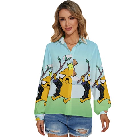 Adventure Time Finn And Jake Cartoon Network Parody Women s Long Sleeve Button Up Shirt by Sarkoni