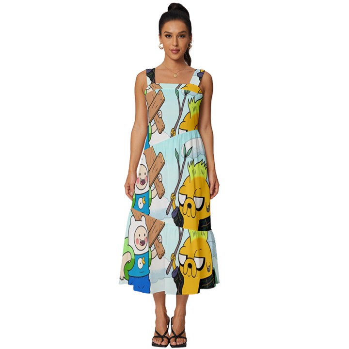 Adventure Time Finn And Jake Cartoon Network Parody Square Neckline Tiered Midi Dress