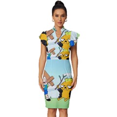 Adventure Time Finn And Jake Cartoon Network Parody Vintage Frill Sleeve V-neck Bodycon Dress by Sarkoni