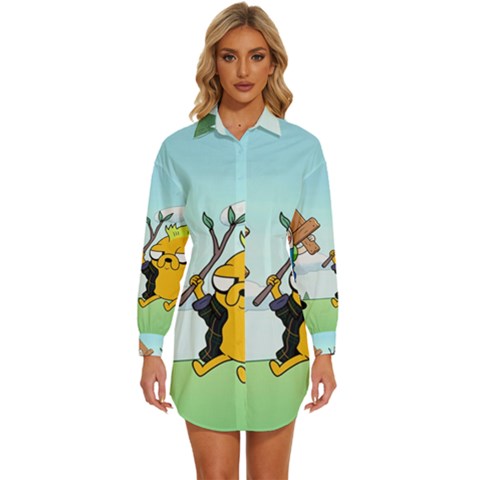 Adventure Time Finn And Jake Cartoon Network Parody Womens Long Sleeve Shirt Dress by Sarkoni