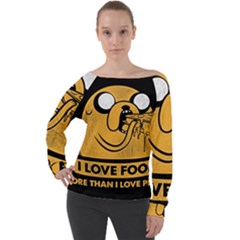 Adventure Time Jake  I Love Food Off Shoulder Long Sleeve Velour Top by Sarkoni