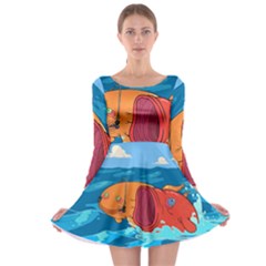 Adventure Time Fish Landscape Long Sleeve Skater Dress by Sarkoni