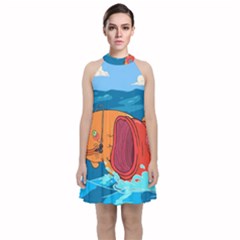 Adventure Time Fish Landscape Velvet Halter Neckline Dress  by Sarkoni