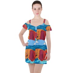 Adventure Time Fish Landscape Ruffle Cut Out Chiffon Playsuit by Sarkoni