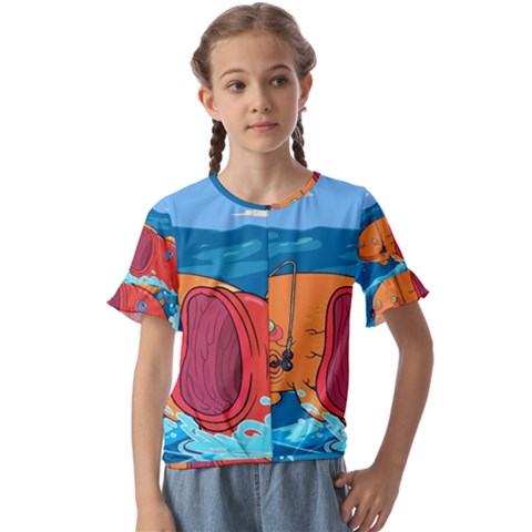 Adventure Time Fish Landscape Kids  Cuff Sleeve Scrunch Bottom T-shirt by Sarkoni