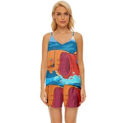 Adventure Time Fish Landscape V-neck Satin Pajamas Set by Sarkoni