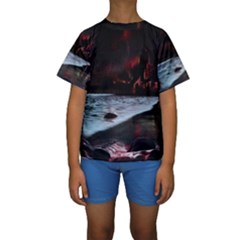 Artistic Creepy Dark Evil Fantasy Halloween Horror Psychedelic Scary Spooky Kids  Short Sleeve Swimwear by Sarkoni