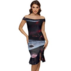 Artistic Creepy Dark Evil Fantasy Halloween Horror Psychedelic Scary Spooky Off Shoulder Ruffle Split Hem Bodycon Dress by Sarkoni