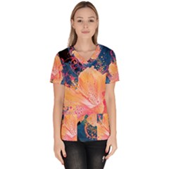 Abstract Art Artistic Bright Colors Contrast Flower Nature Petals Psychedelic Women s V-neck Scrub Top by Sarkoni