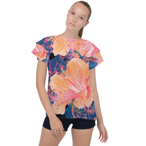 Abstract Art Artistic Bright Colors Contrast Flower Nature Petals Psychedelic Ruffle Collar Chiffon Blouse by Sarkoni