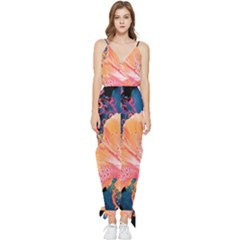 Abstract Art Artistic Bright Colors Contrast Flower Nature Petals Psychedelic Sleeveless Tie Ankle Chiffon Jumpsuit by Sarkoni