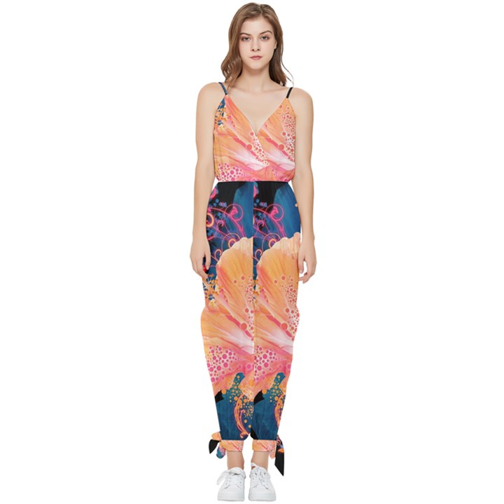 Abstract Art Artistic Bright Colors Contrast Flower Nature Petals Psychedelic Sleeveless Tie Ankle Chiffon Jumpsuit