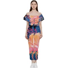 Abstract Art Artistic Bright Colors Contrast Flower Nature Petals Psychedelic Bardot Ruffle Jumpsuit by Sarkoni