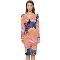 Abstract Art Artistic Bright Colors Contrast Flower Nature Petals Psychedelic Long Sleeve V-neck Bodycon Dress  by Sarkoni