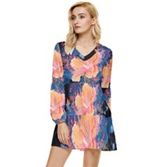 Abstract Art Artistic Bright Colors Contrast Flower Nature Petals Psychedelic Tiered Long Sleeve Mini Dress by Sarkoni