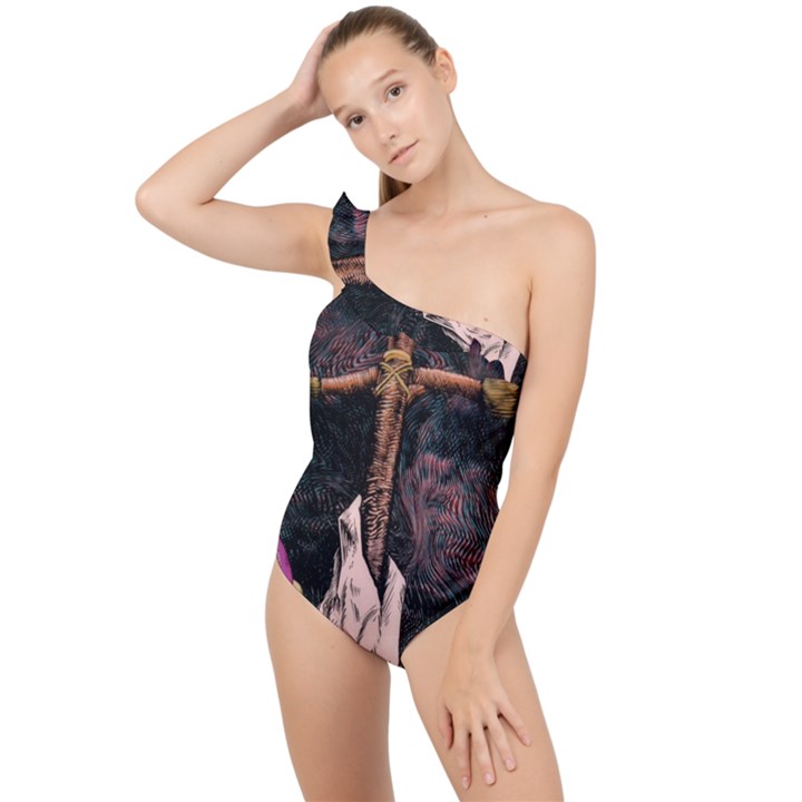 Jujutsu Kaisen Heart Design Heart Psychedelic Anime Hands Frilly One Shoulder Swimsuit