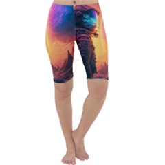 Illustration Trippy Psychedelic Astronaut Landscape Planet Mountains Cropped Leggings  by Sarkoni