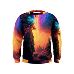 Illustration Trippy Psychedelic Astronaut Landscape Planet Mountains Kids  Sweatshirt by Sarkoni