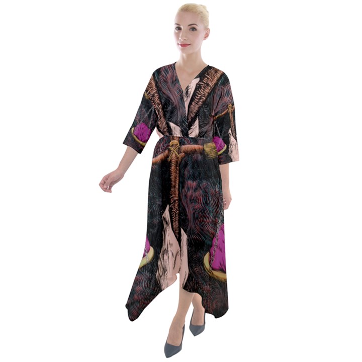 Jujutsu Kaisen Heart Design Heart Psychedelic Anime Hands Quarter Sleeve Wrap Front Maxi Dress