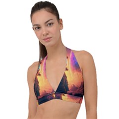 Illustration Trippy Psychedelic Astronaut Landscape Planet Mountains Halter Plunge Bikini Top by Sarkoni