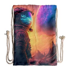 Illustration Trippy Psychedelic Astronaut Landscape Planet Mountains Drawstring Bag (large) by Sarkoni