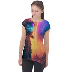 Illustration Trippy Psychedelic Astronaut Landscape Planet Mountains Cap Sleeve High Low Top by Sarkoni