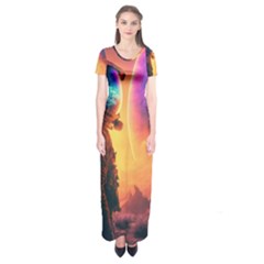 Illustration Trippy Psychedelic Astronaut Landscape Planet Mountains Short Sleeve Maxi Dress