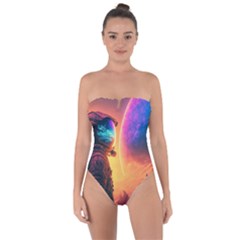 Illustration Trippy Psychedelic Astronaut Landscape Planet Mountains Tie Back One Piece Swimsuit by Sarkoni