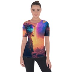 Illustration Trippy Psychedelic Astronaut Landscape Planet Mountains Shoulder Cut Out Short Sleeve Top by Sarkoni