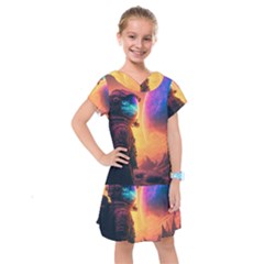 Illustration Trippy Psychedelic Astronaut Landscape Planet Mountains Kids  Drop Waist Dress by Sarkoni