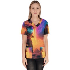 Illustration Trippy Psychedelic Astronaut Landscape Planet Mountains Women s V-neck Scrub Top by Sarkoni