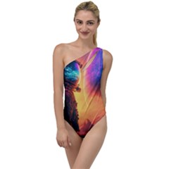 Illustration Trippy Psychedelic Astronaut Landscape Planet Mountains To One Side Swimsuit by Sarkoni