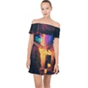 Illustration Trippy Psychedelic Astronaut Landscape Planet Mountains Off Shoulder Chiffon Dress View1