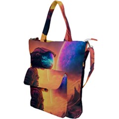 Illustration Trippy Psychedelic Astronaut Landscape Planet Mountains Shoulder Tote Bag by Sarkoni